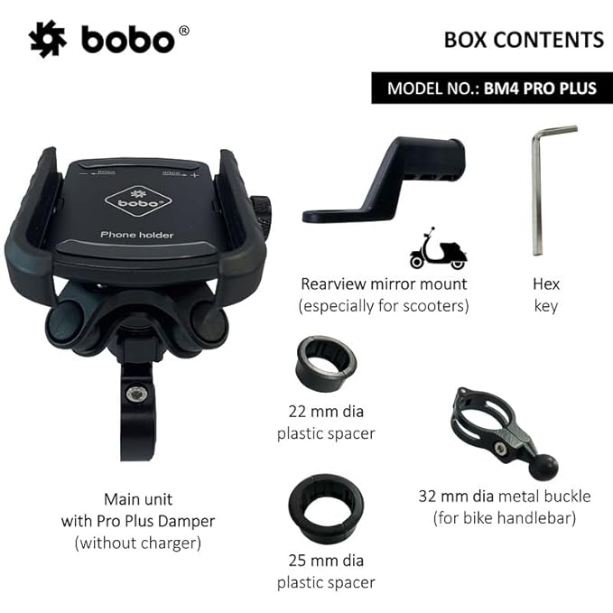 BOBO BM4 PRO Plus Jaw-Grip Mobile Holder – Waterproof Phone Mount with PRO Plus Vibration Damper for Bike, Motorcycle & Scooter